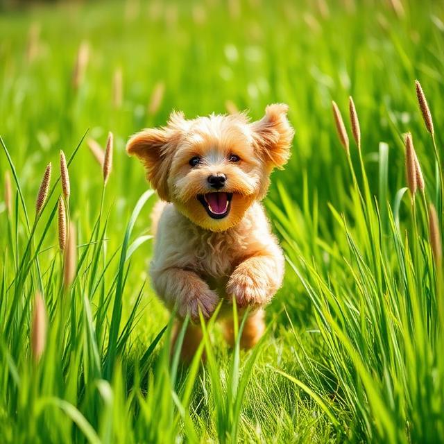 Happy cockapoo jumping through tall green grass