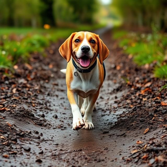 Beagle with muddy paws on a country path
