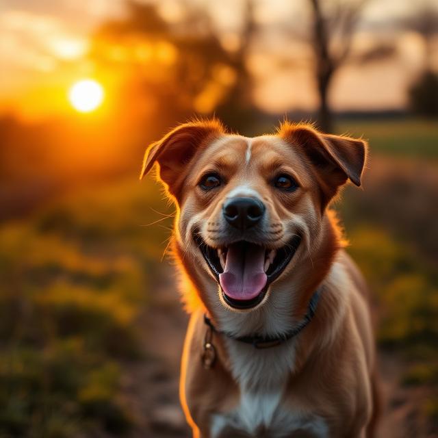 Happy dog smiling at golden sunset on a walk