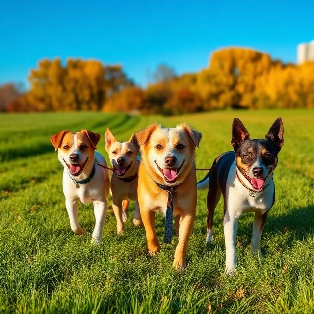 Group of happy dogs walking through an autumn field